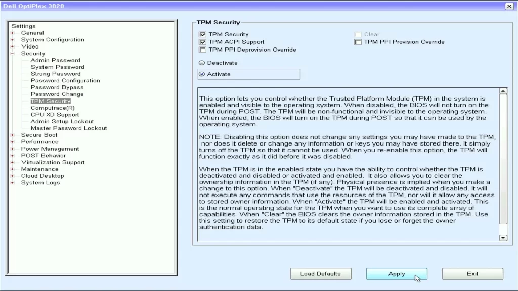 OptiPlex 3020 bios tpm